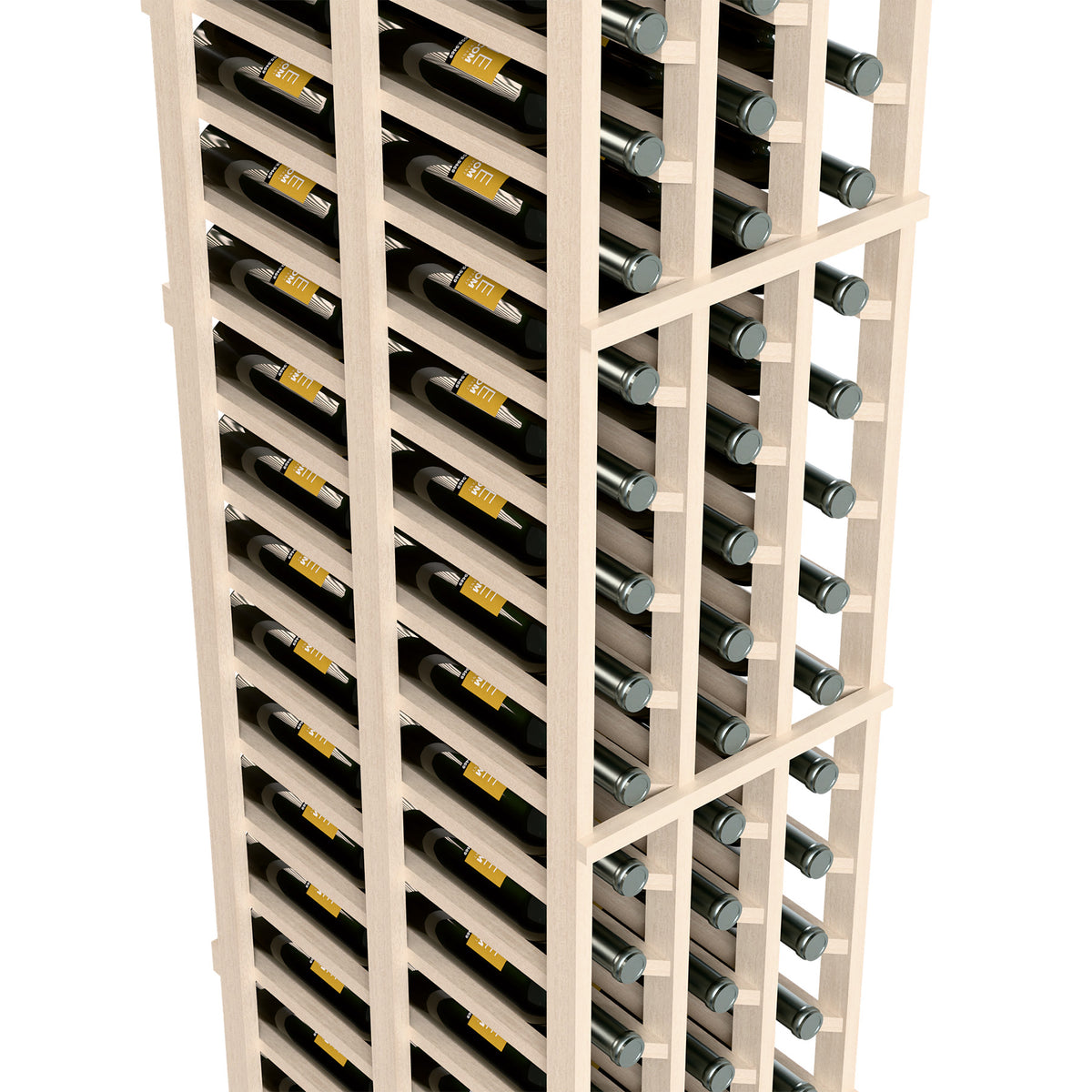 Close-up of white wine rack with multiple rows of bottle slots and metal-capped bottles
