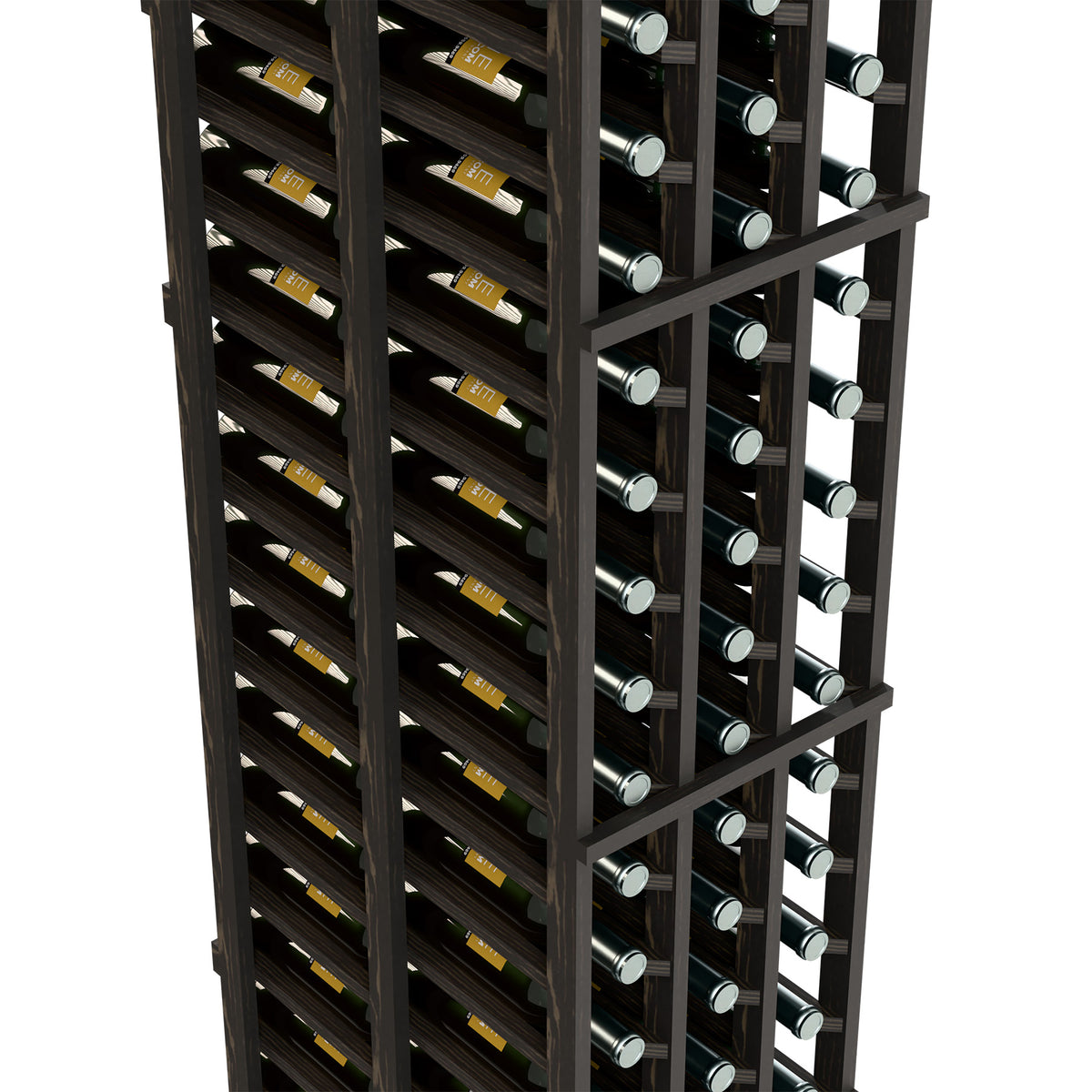 Black wine bottle rack close-up showing bottles in double-deep wooden rows