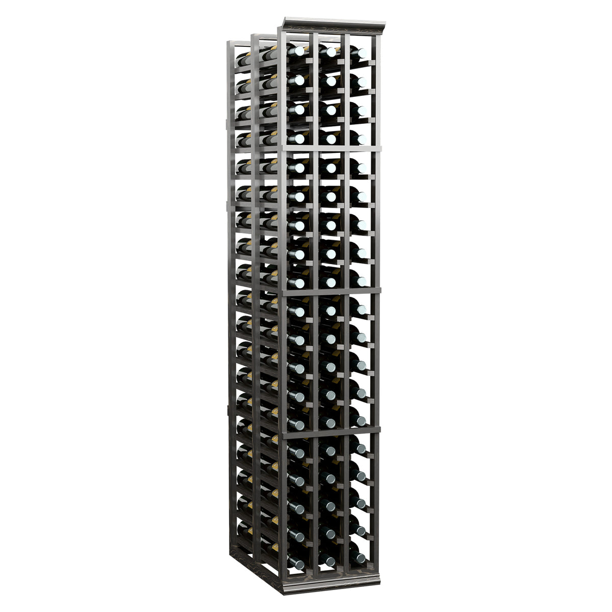 Dark wine bottle rack front view with grid shelves for double-deep bottle storage