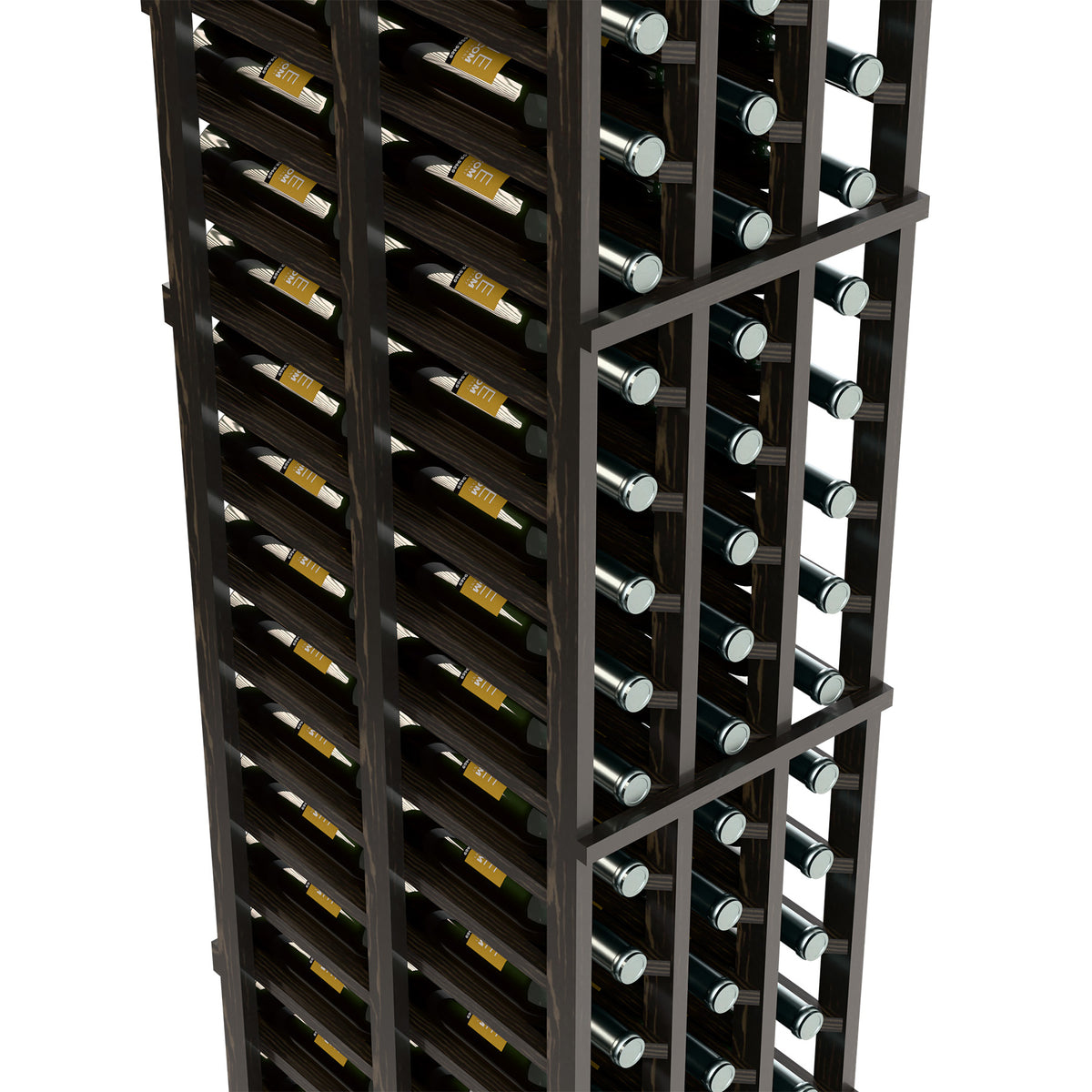 Black wine bottle rack close-up of bottles in staggered double-deep compartments