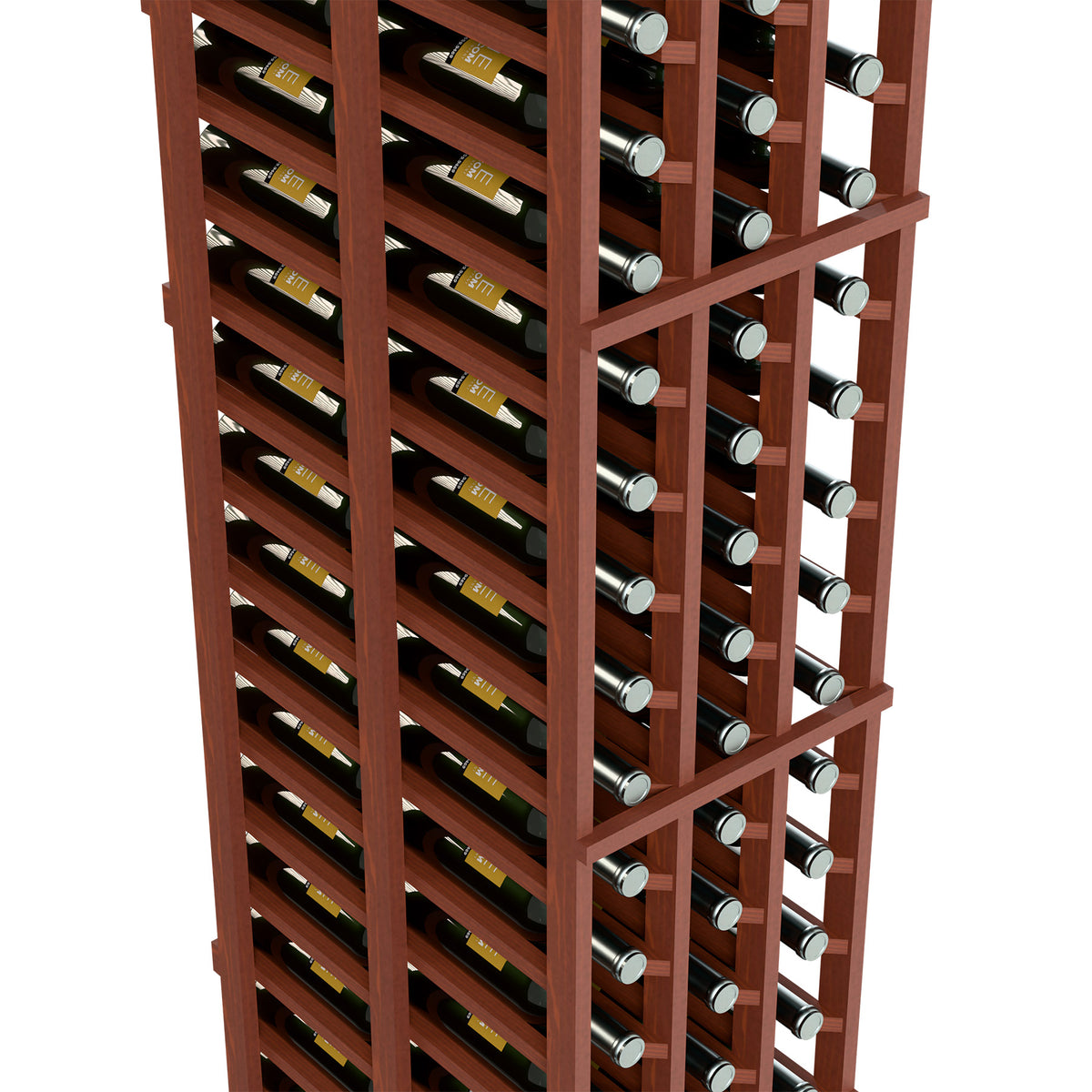 Brown wine bottle rack close-up showing bottles in staggered double-deep rows