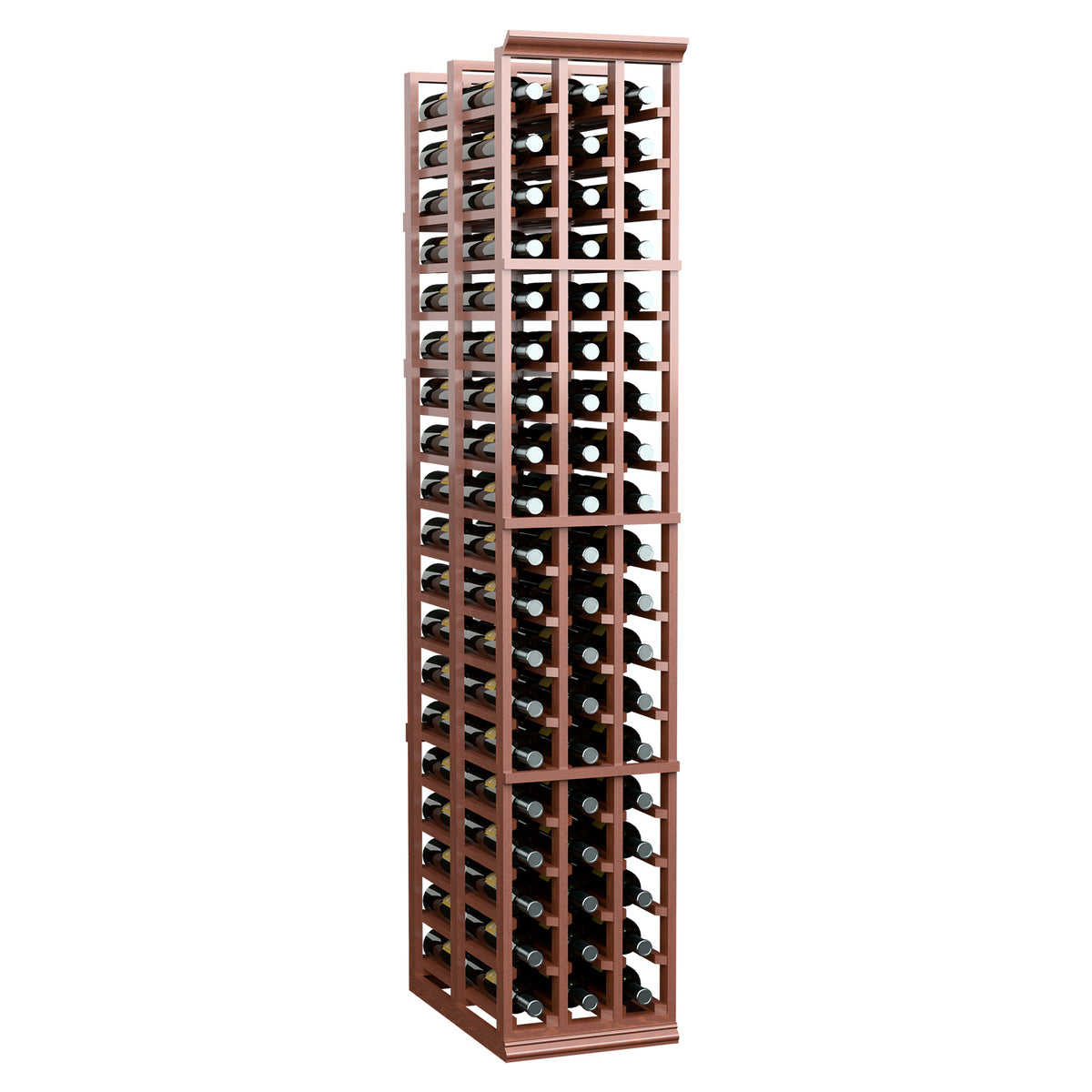 Brown wine bottle rack front view with open grid panels and double-deep storage
