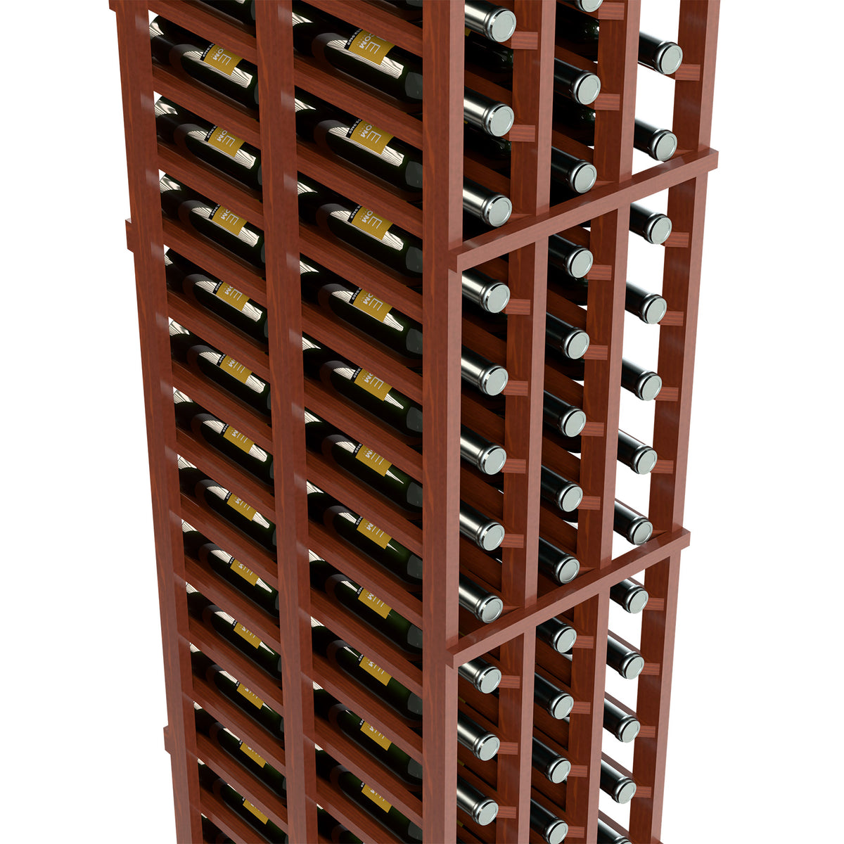Brown wine bottle rack close-up with bottle slots and circular neck openings