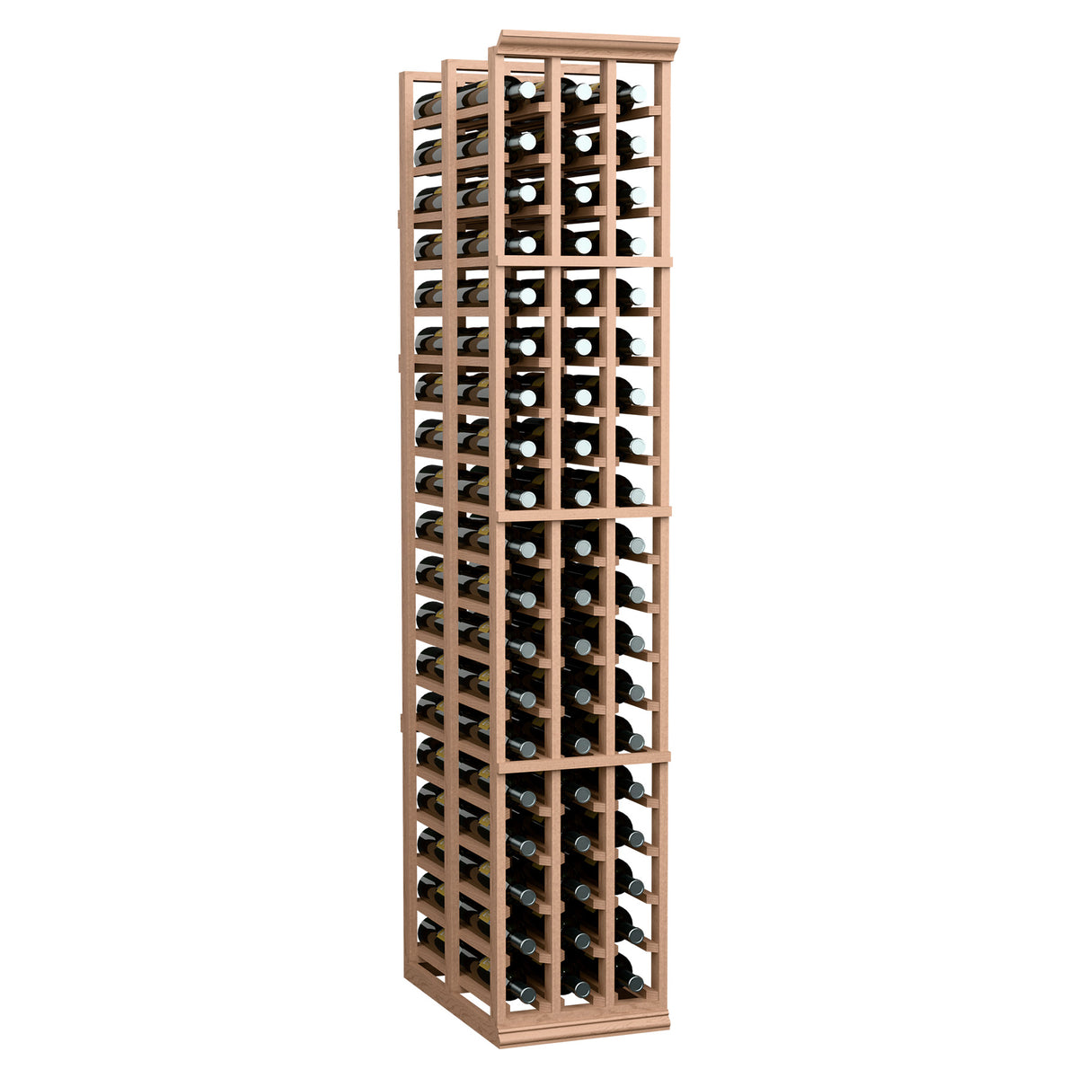 Light brown wine bottle rack with open grid front and double-deep storage, 6 ft tall