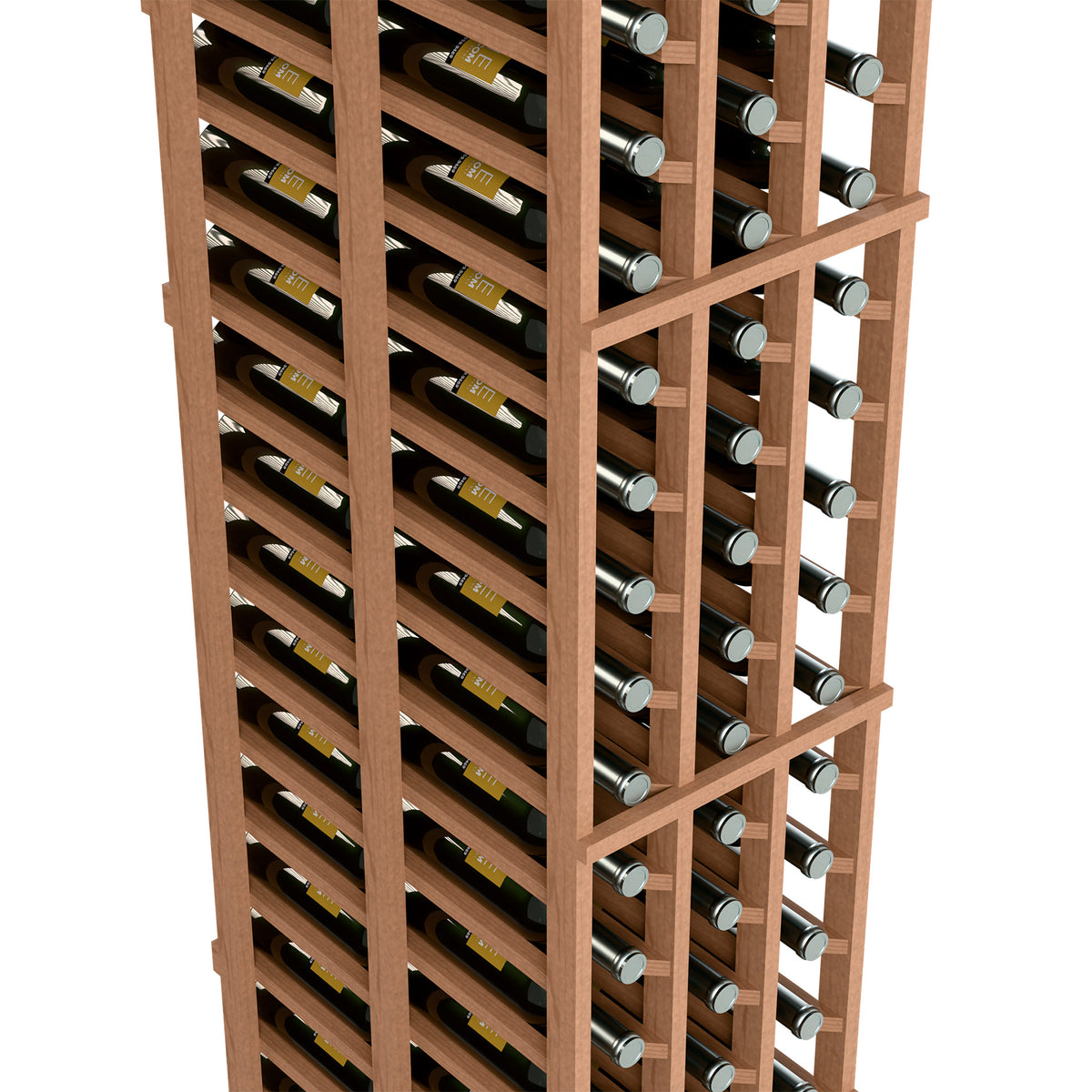 Light brown wine bottle rack close-up with double-deep bottle slots in two columns
