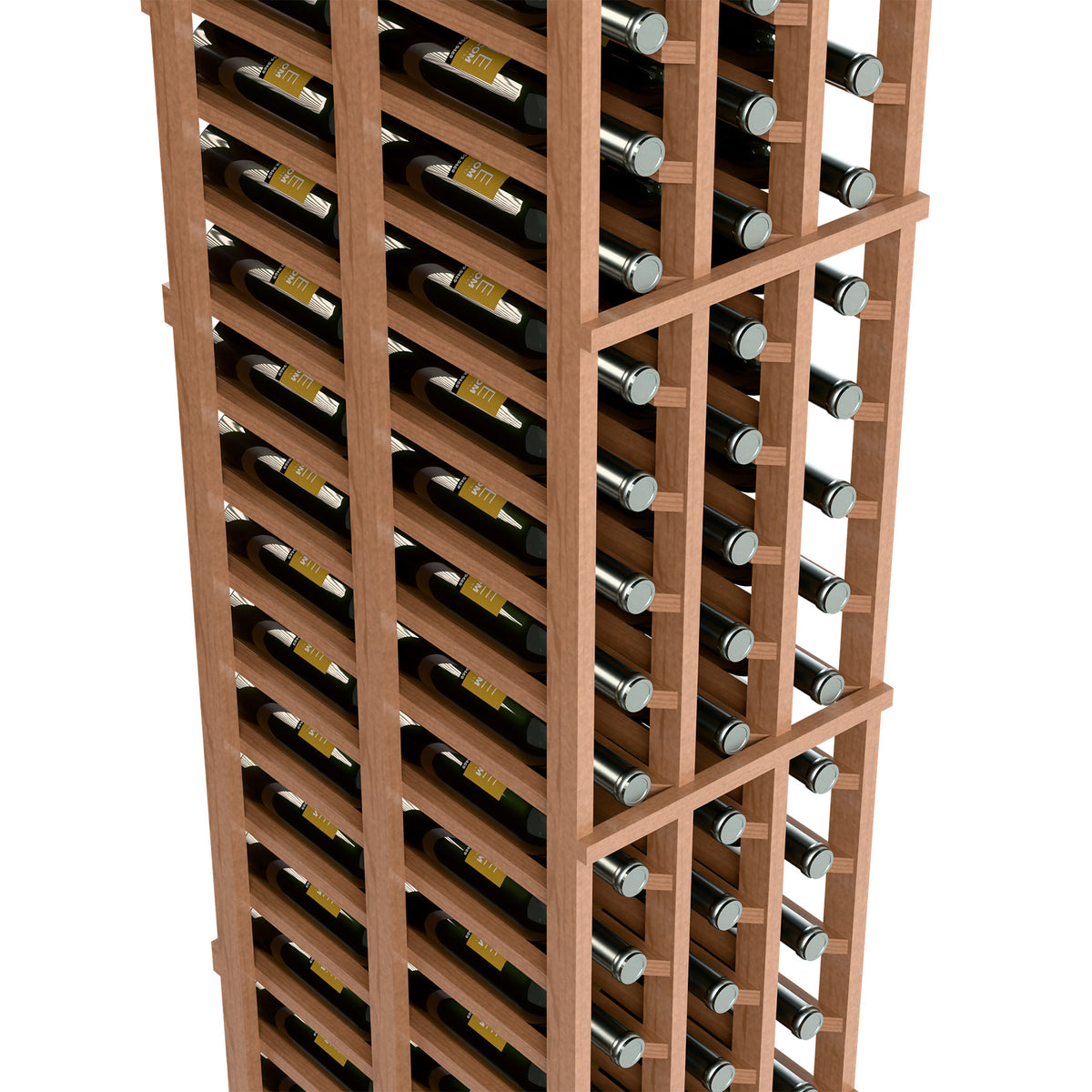 Light wood wine rack close-up showing bottle slots and rows of wine bottles
