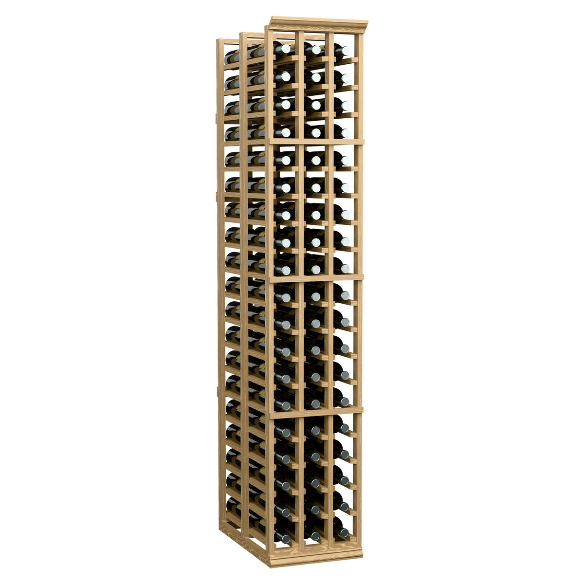 Tall light wood 3-column double-deep wine rack with neatly arranged bottles