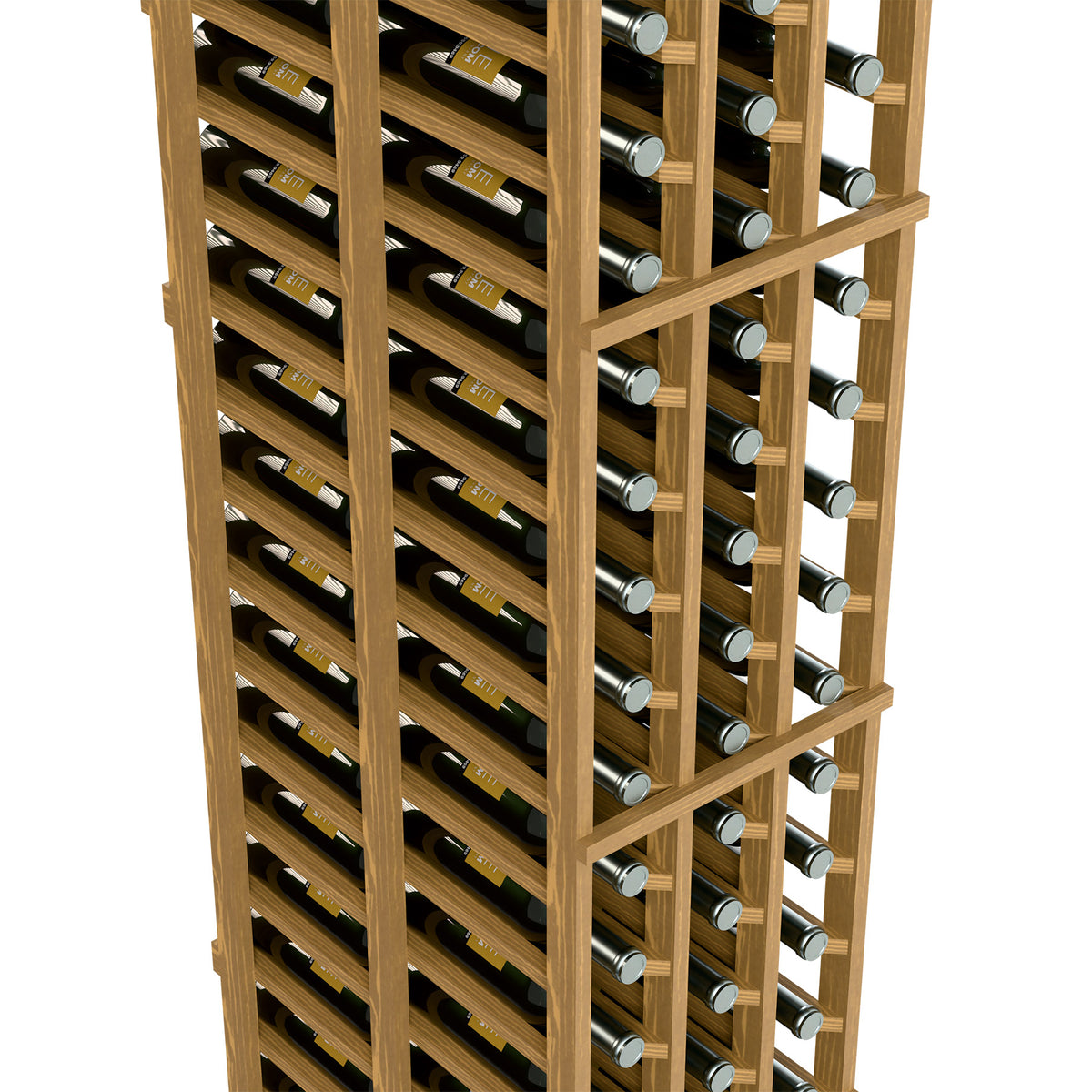 Light wood wine rack close-up with bottle compartments and glass bottle necks