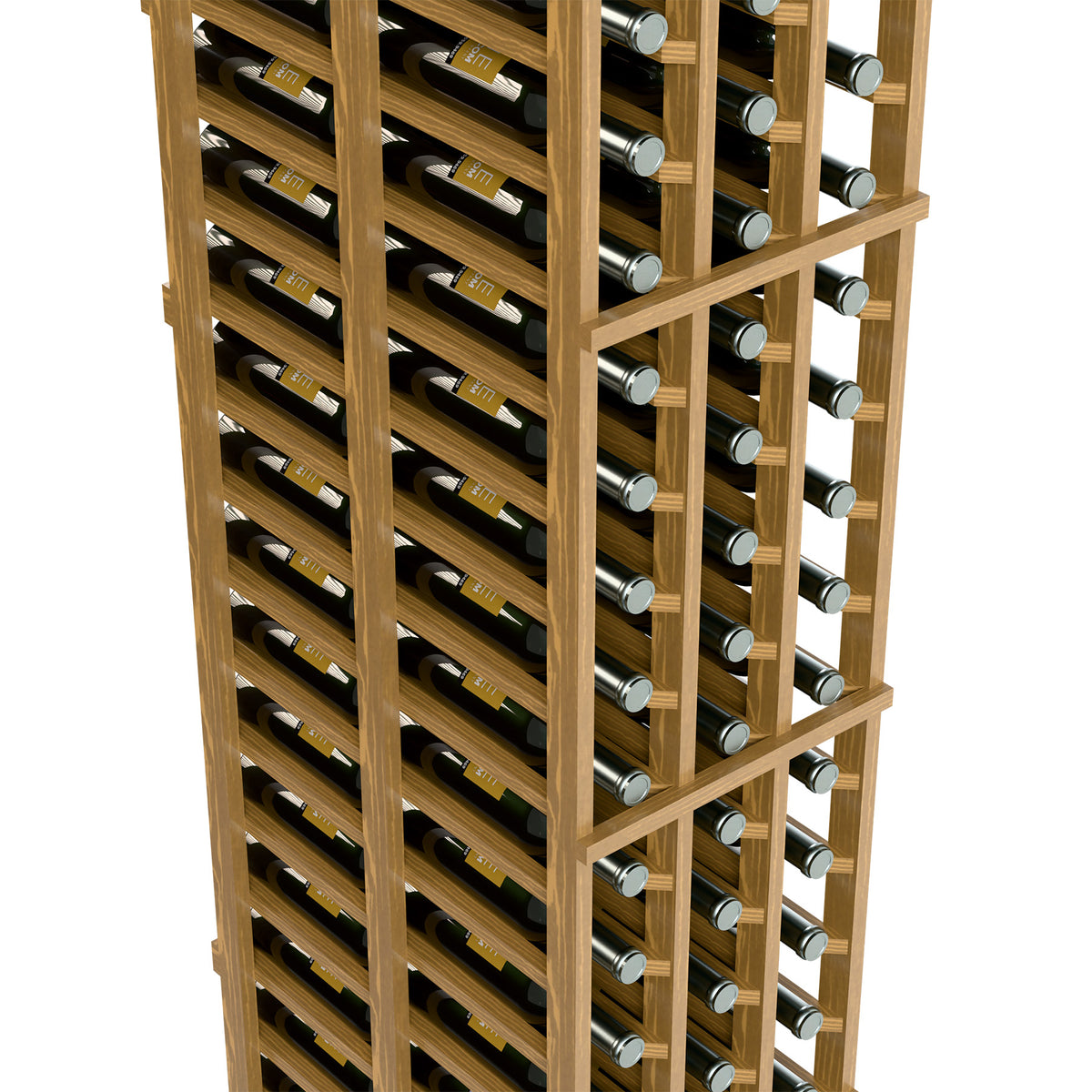 Light wood wine rack close-up showing multiple rows of bottle holders