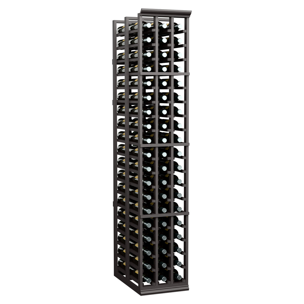 Black 3-column wine rack with double-deep bottle slots and corked bottles