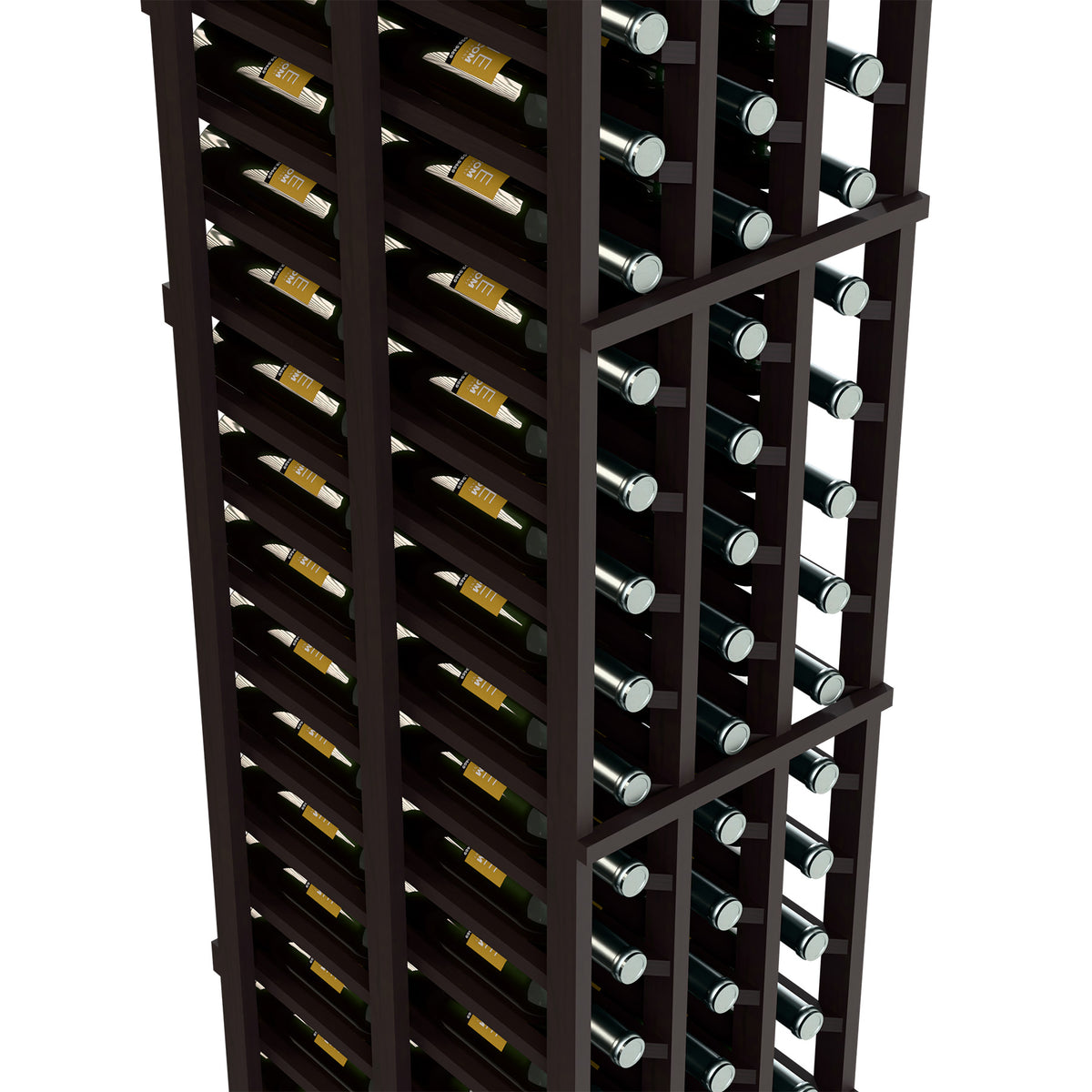Black wine rack close-up showing bottle compartments and rows of wine bottles