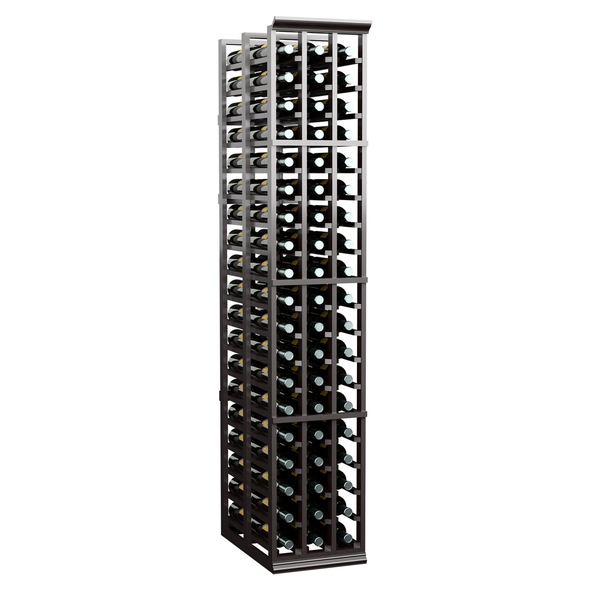 Tall black 3-column double-deep wine rack with organized bottle storage