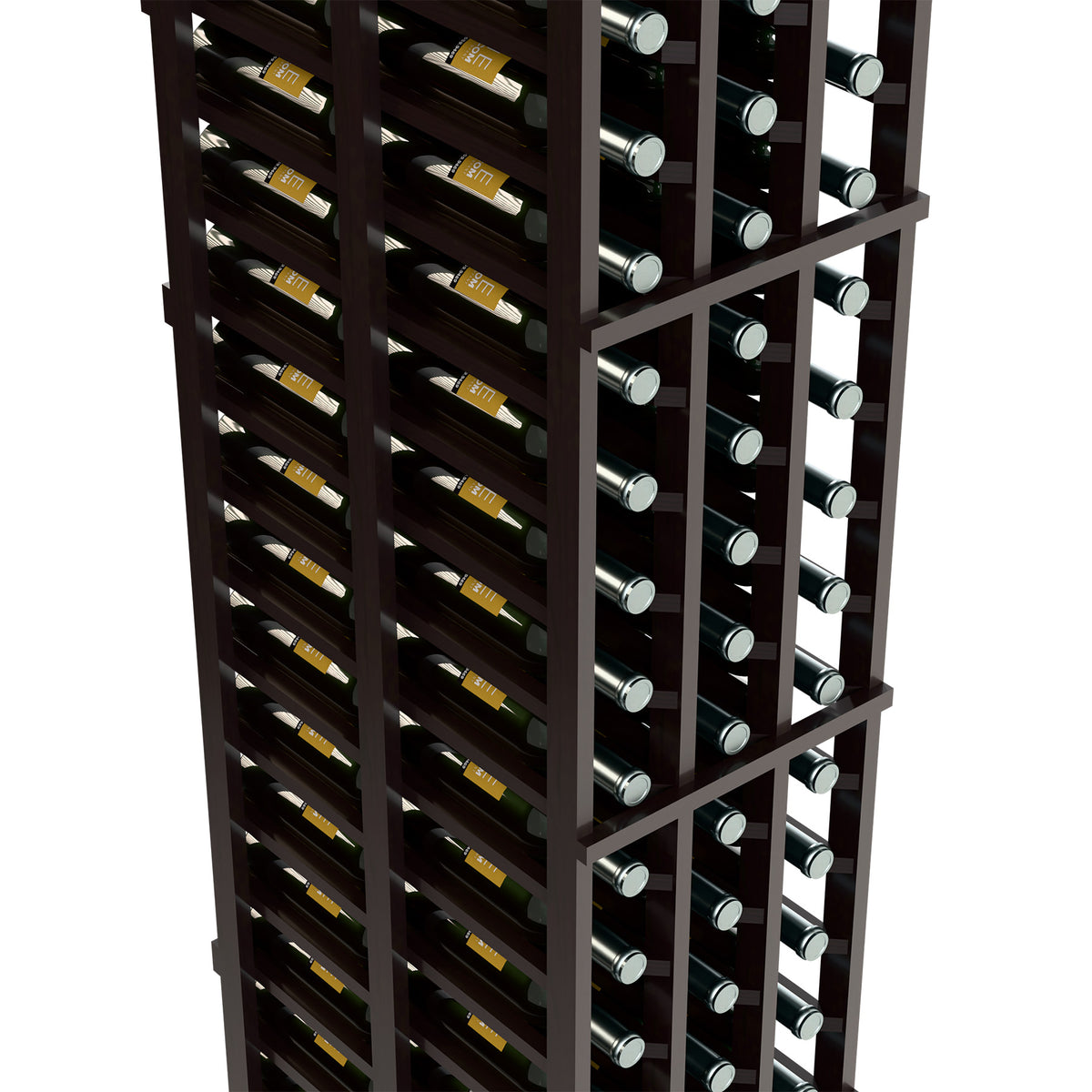 Black wine rack close-up with multiple rows of bottle holders and bottles