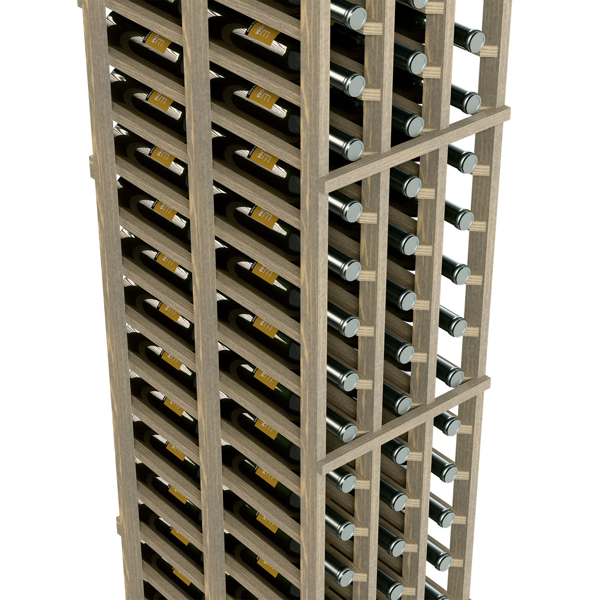 Wood wine rack showing multiple front rows of bottles and circular holders