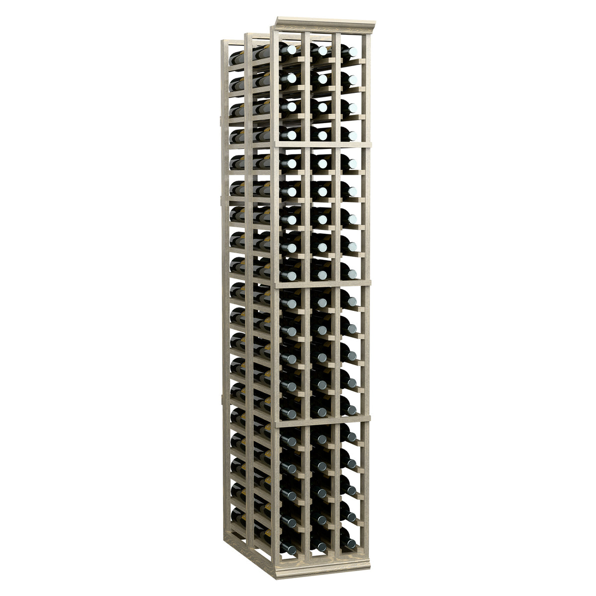Tall wooden wine rack with bottle slots and circular holders in dark finish