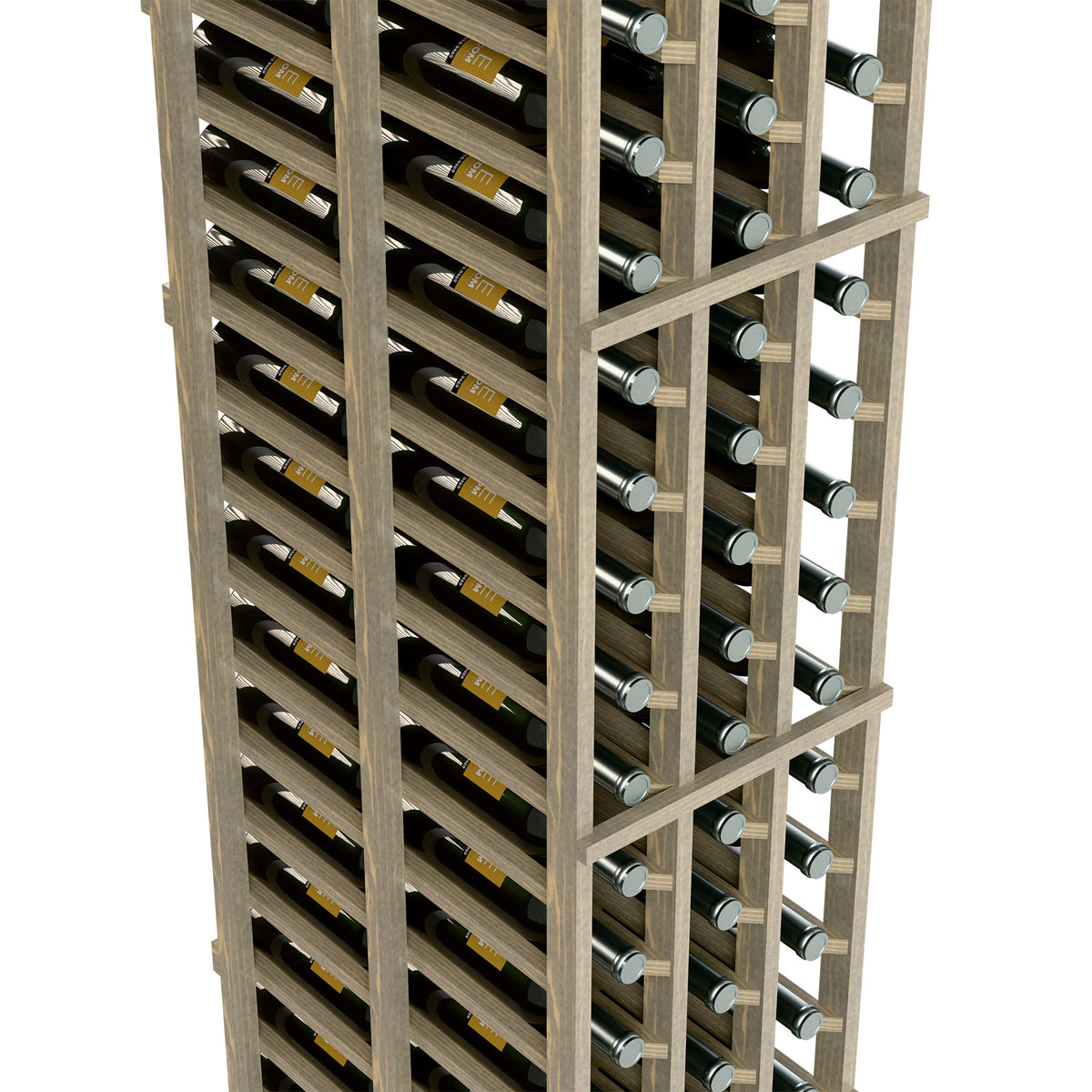Close view of wooden wine rack with multiple bottle rows and silver circular holders