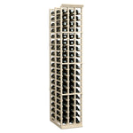 Tall wooden wine rack with front bottle openings and circular bottle holders in light finish