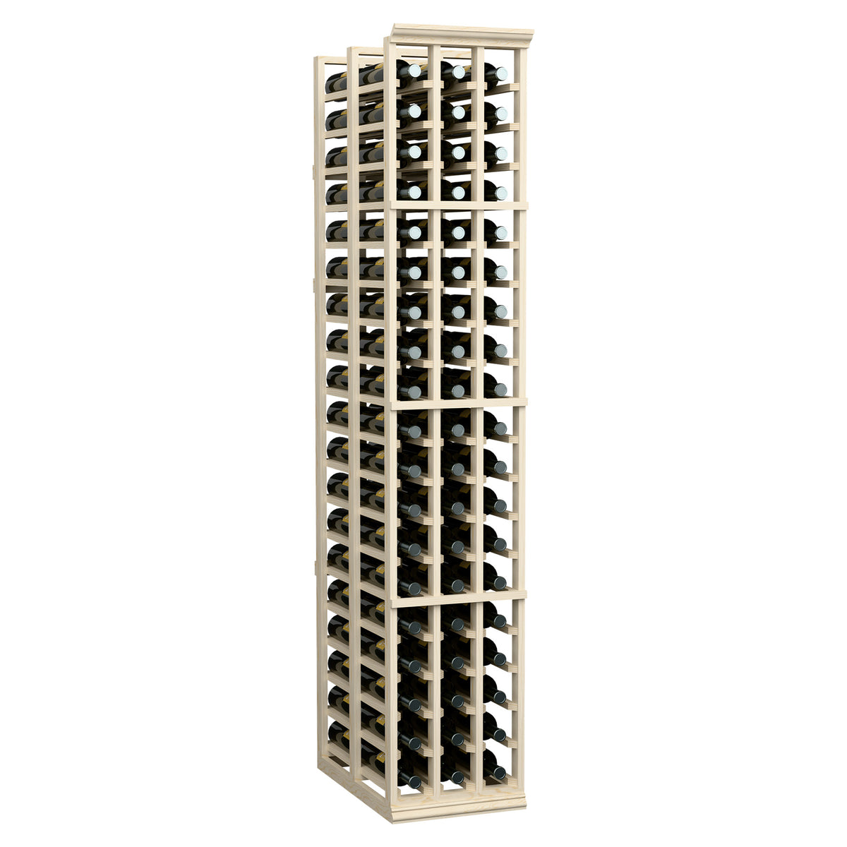 Tall wooden wine rack with front bottle openings and circular bottle holders in light finish