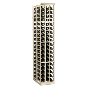 Tall wooden wine rack with front bottle openings and circular bottle holders in light finish