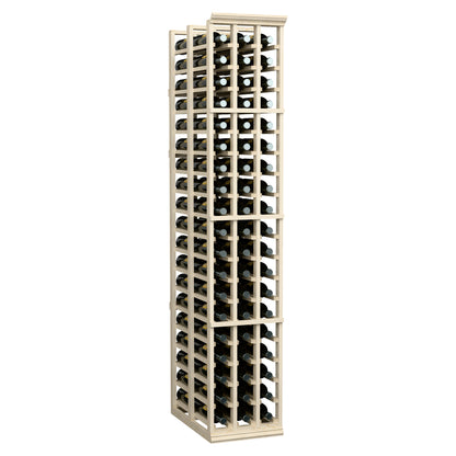 Tall wooden wine rack with front bottle openings and circular bottle holders in light finish