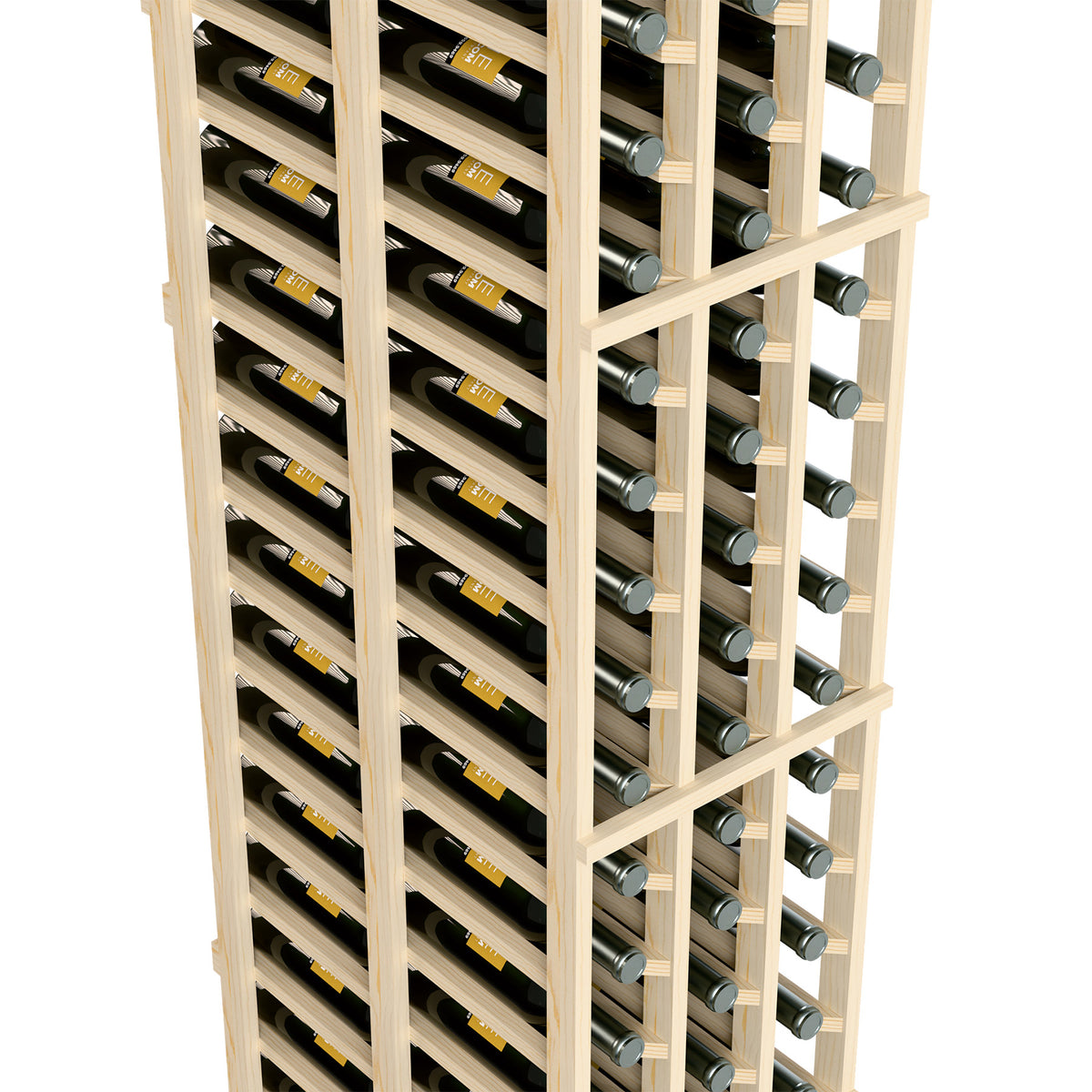 Angled view of light wood wine rack with bottle rows and circular holders