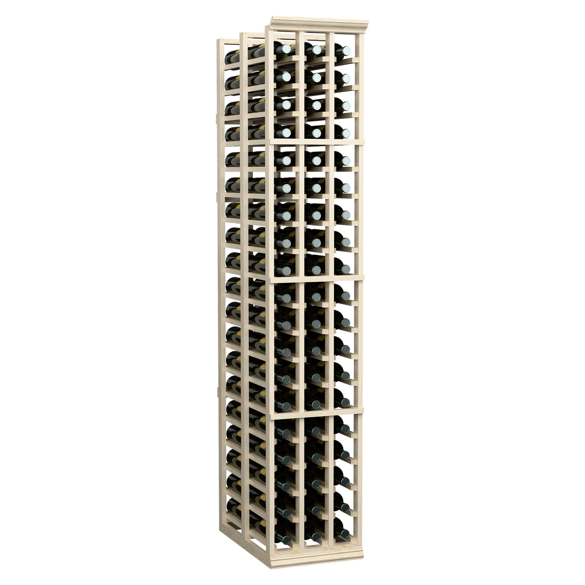 Tall wooden wine rack with bottle slots and circular holders in pale natural finish