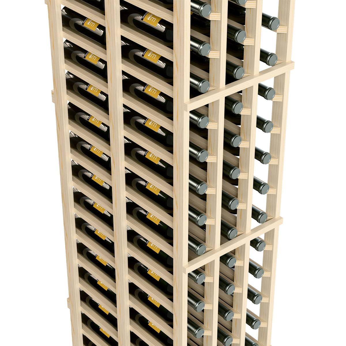 Close-up of pale wood wine rack with bottle rows and silver circular holders