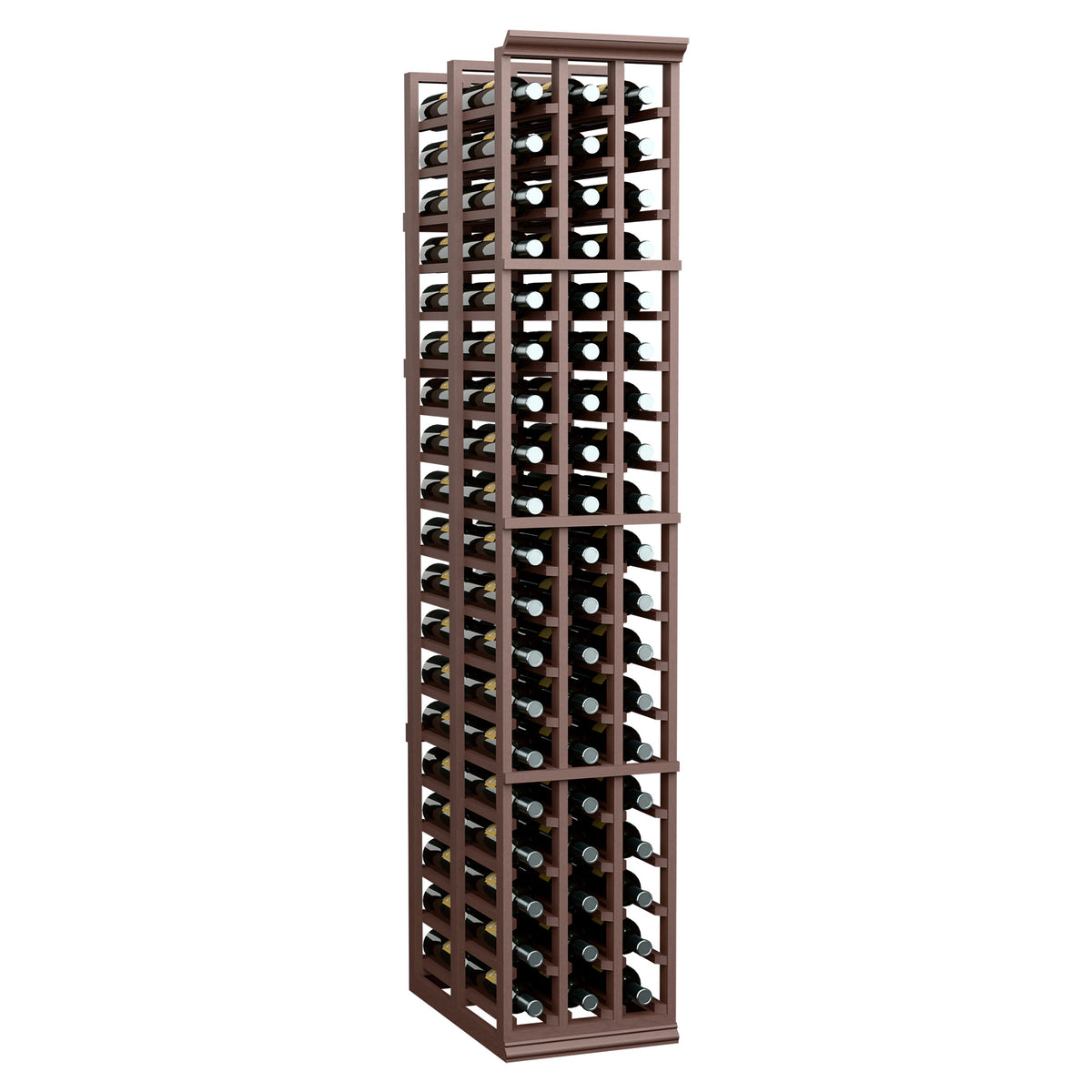 Tall wooden wine rack with front bottle openings and circular holders in dark brown finish