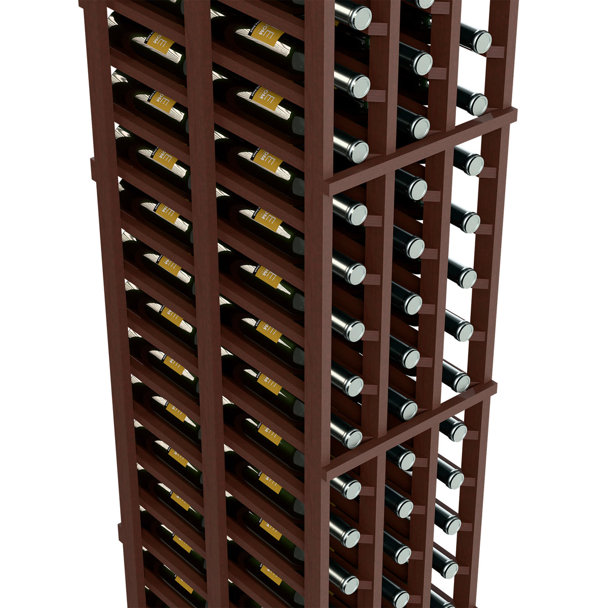 Angled view of dark wood wine rack with bottle rows and circular bottle holders