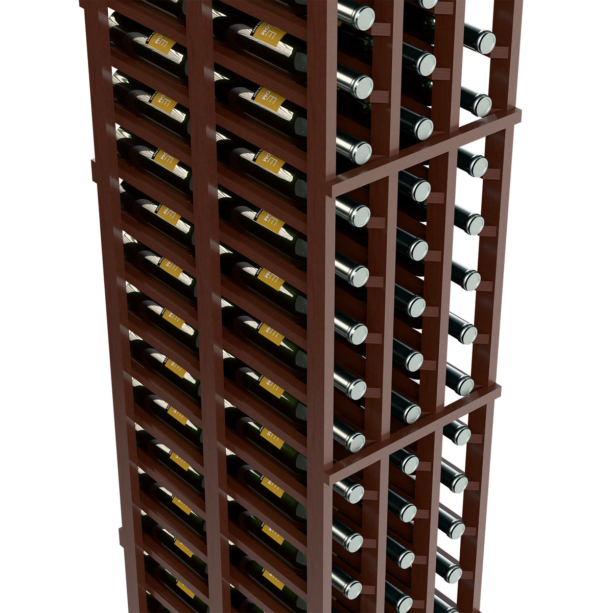 Double deep wine rack close-up with dark wood grid and wine bottle cubbies