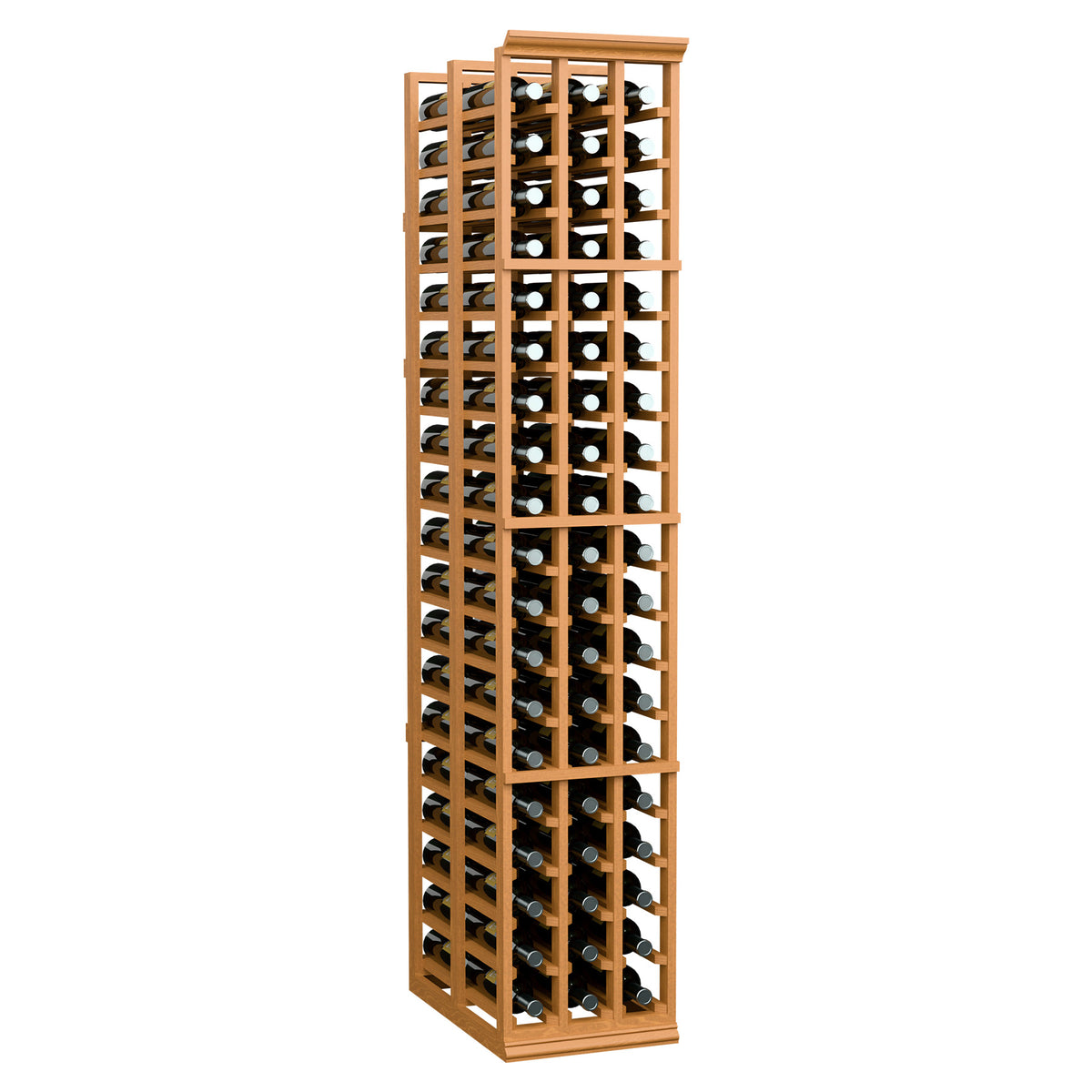 Double deep wine rack with natural wood frame and bottle storage rows