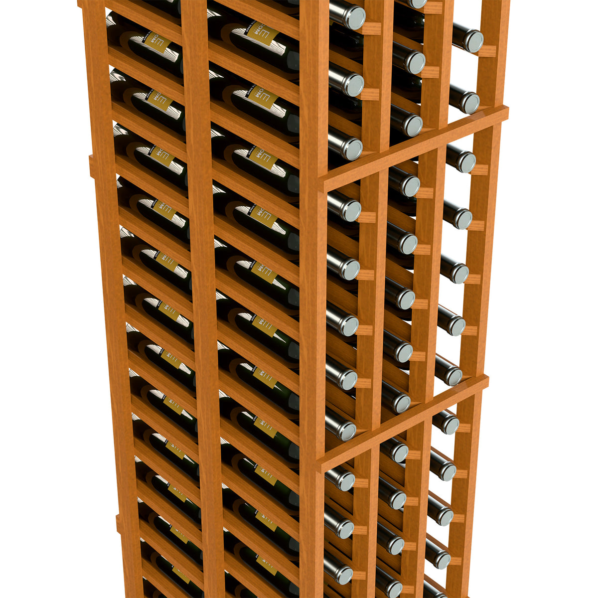 Double deep wine rack close-up with light wood grid and wine bottle slots