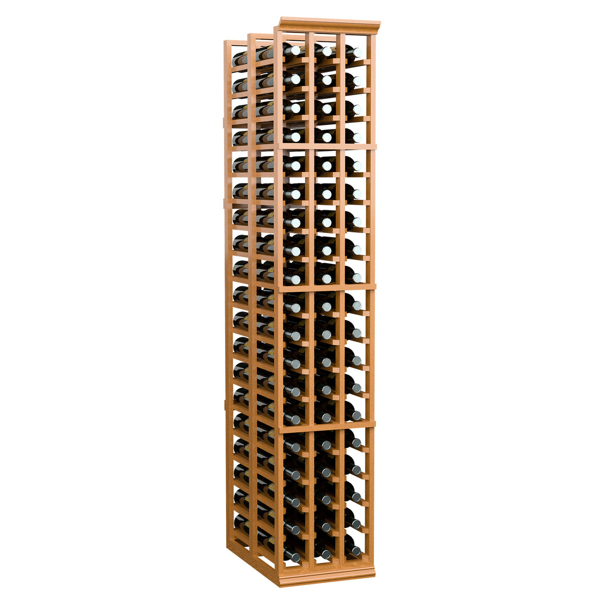 Double deep wine rack with warm wood frame and bottle storage rows