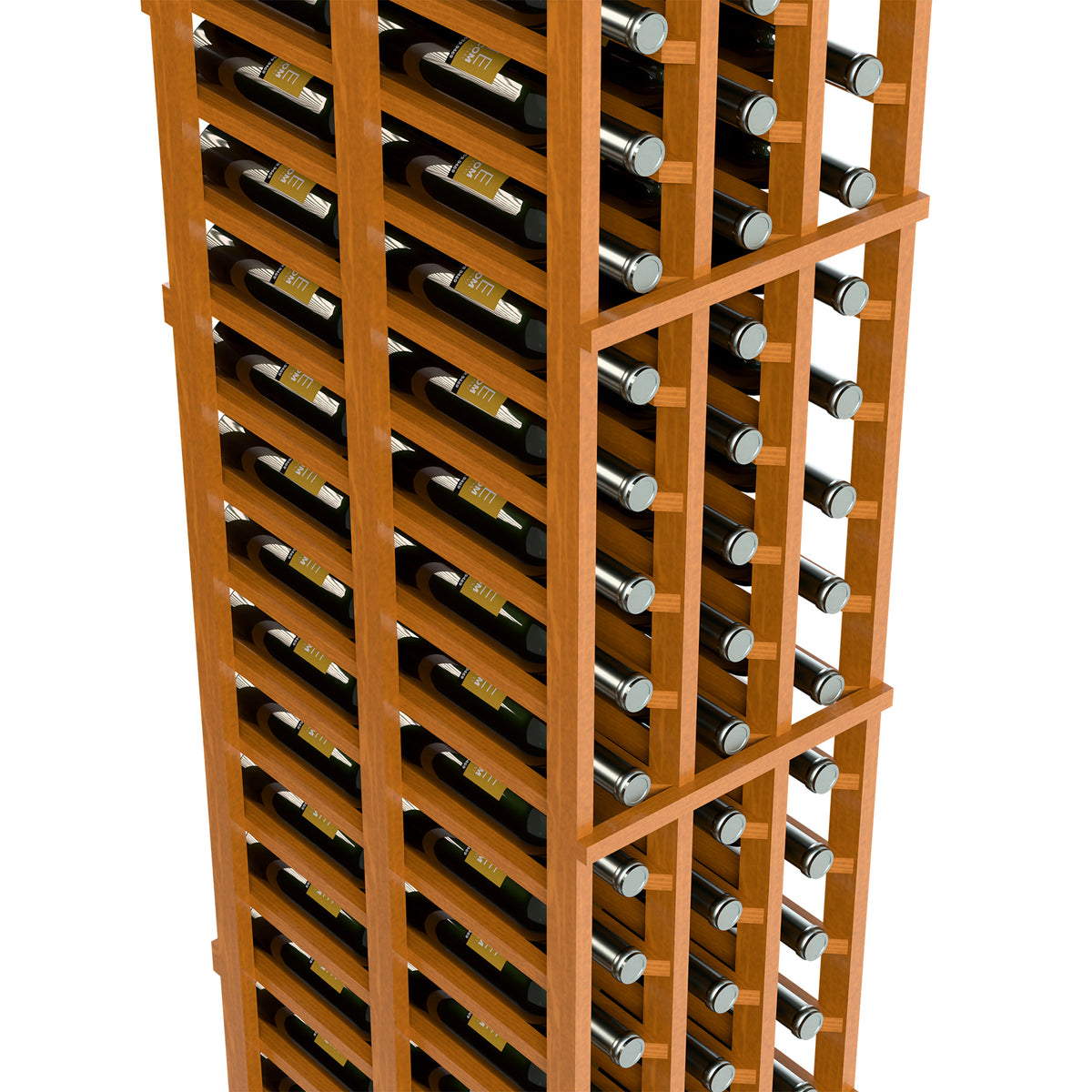 Double deep wine rack close-up with warm wood grid and wine bottle cubbies