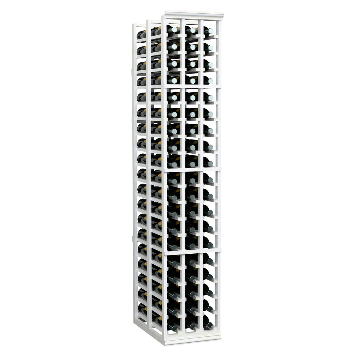 Double deep wine rack with gray wood frame and bottle storage rows