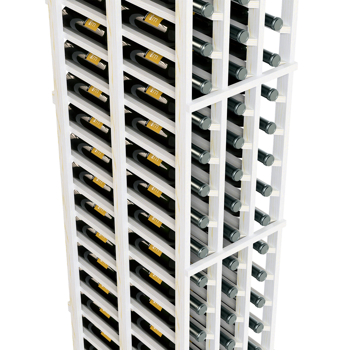 Double deep wine rack close-up with white frame and wine bottle cubbies