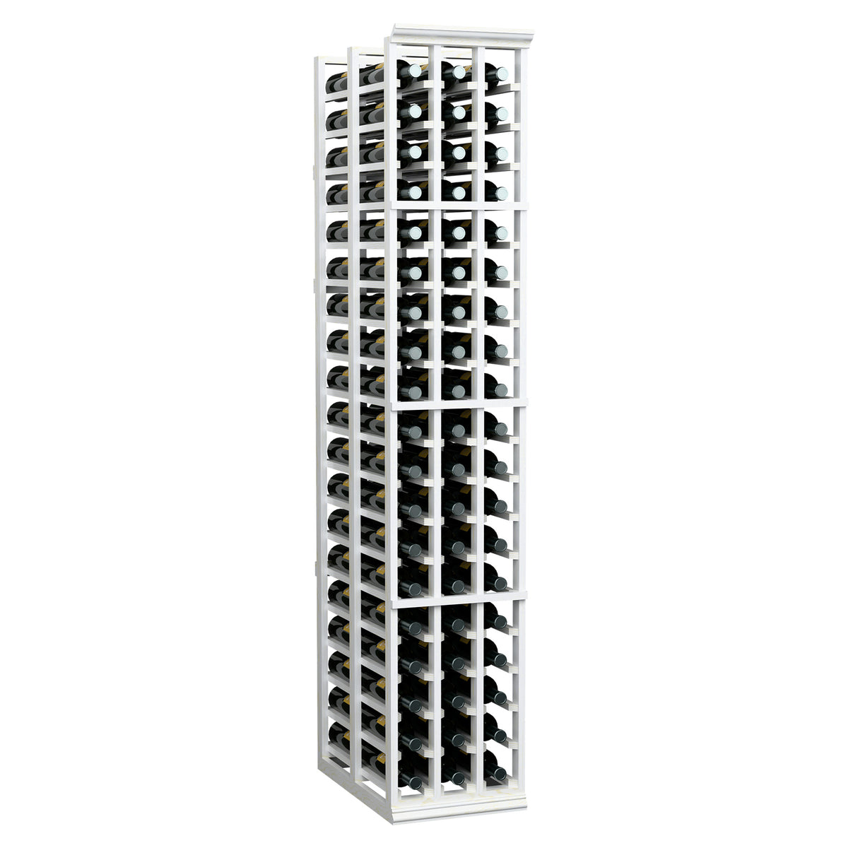 Double deep wine rack with white frame and bottle storage rows