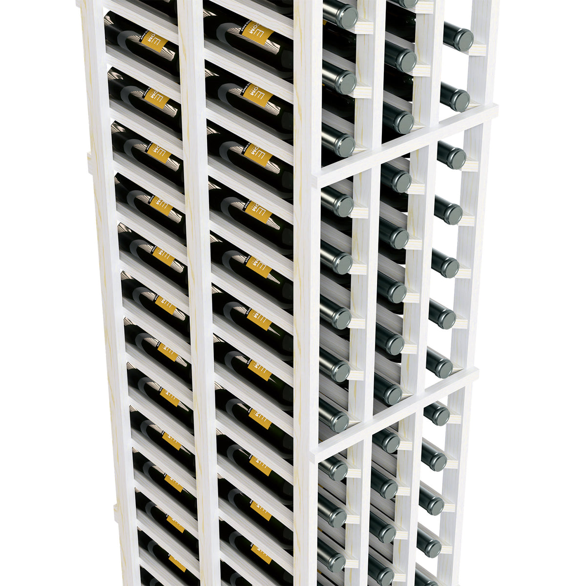 Double deep wine rack close-up with white grid and wine bottle slots