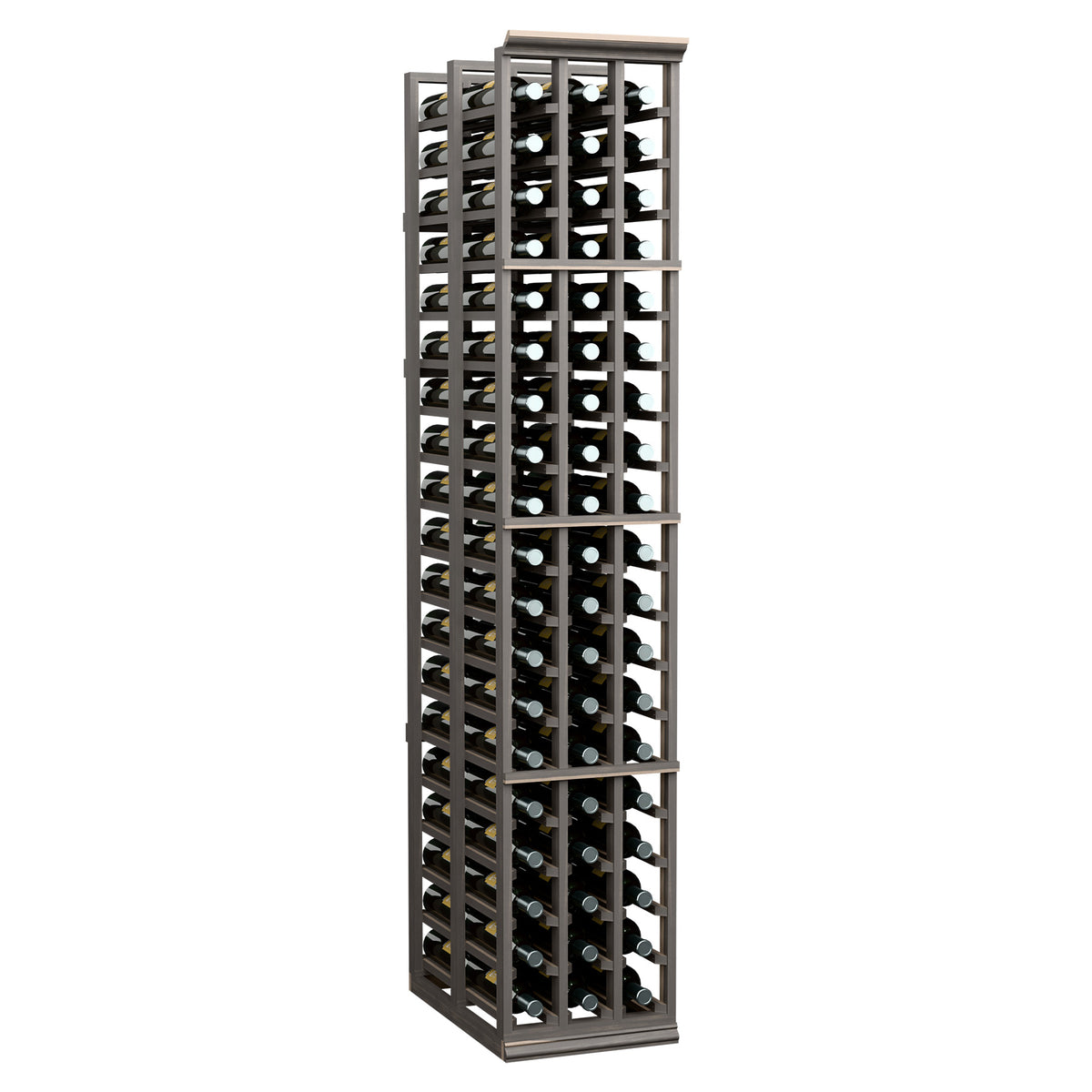 Dark wooden wine bottle rack with multiple rows and open lattice frame.