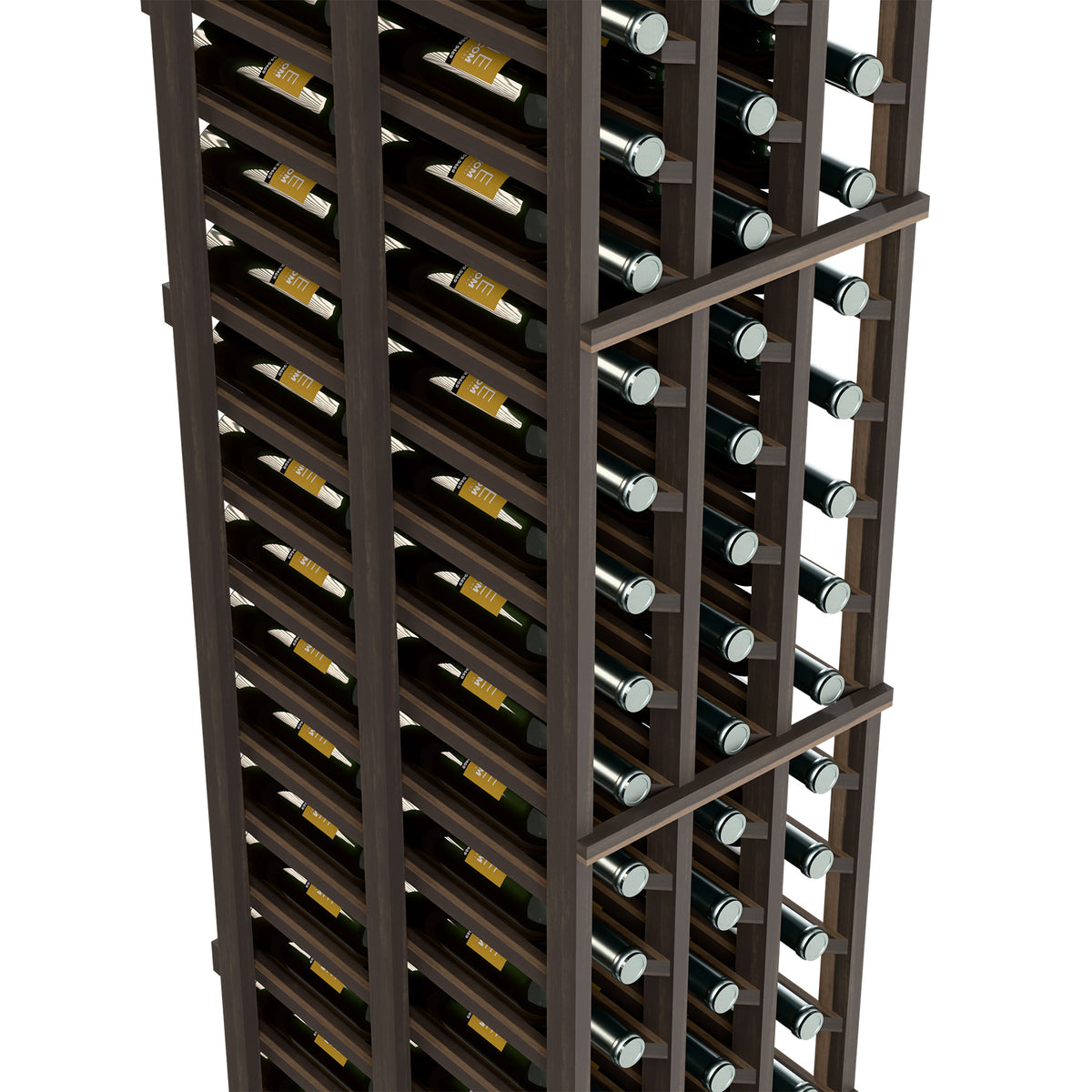 Close-up of dark wine bottle rack showing bottle rows and metal caps.