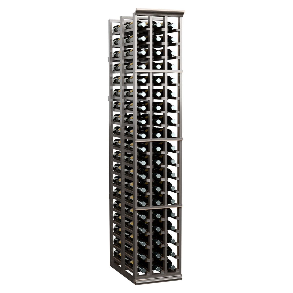 Dark wine bottle storage rack standing upright with grid-style front.