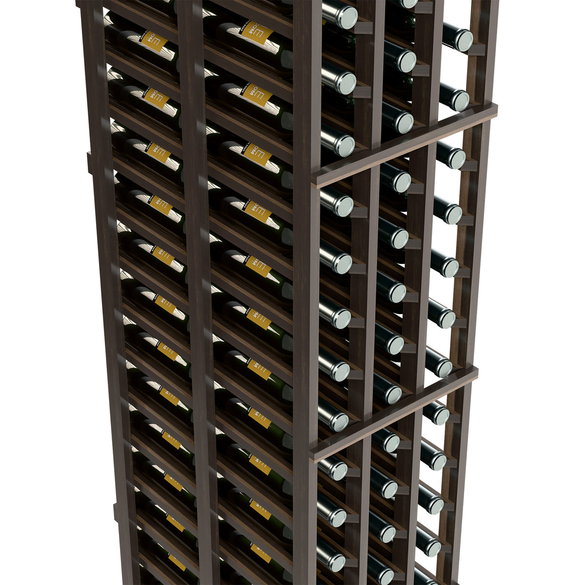 Perspective view of dark wooden wine rack with bottle slots on two sides.