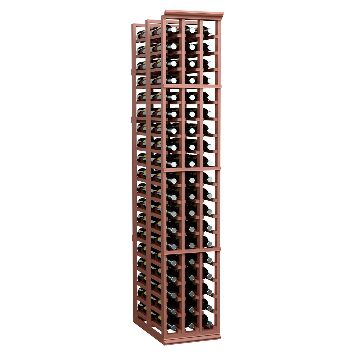 Red-brown wooden wine bottle rack with open lattice design and multiple rows.