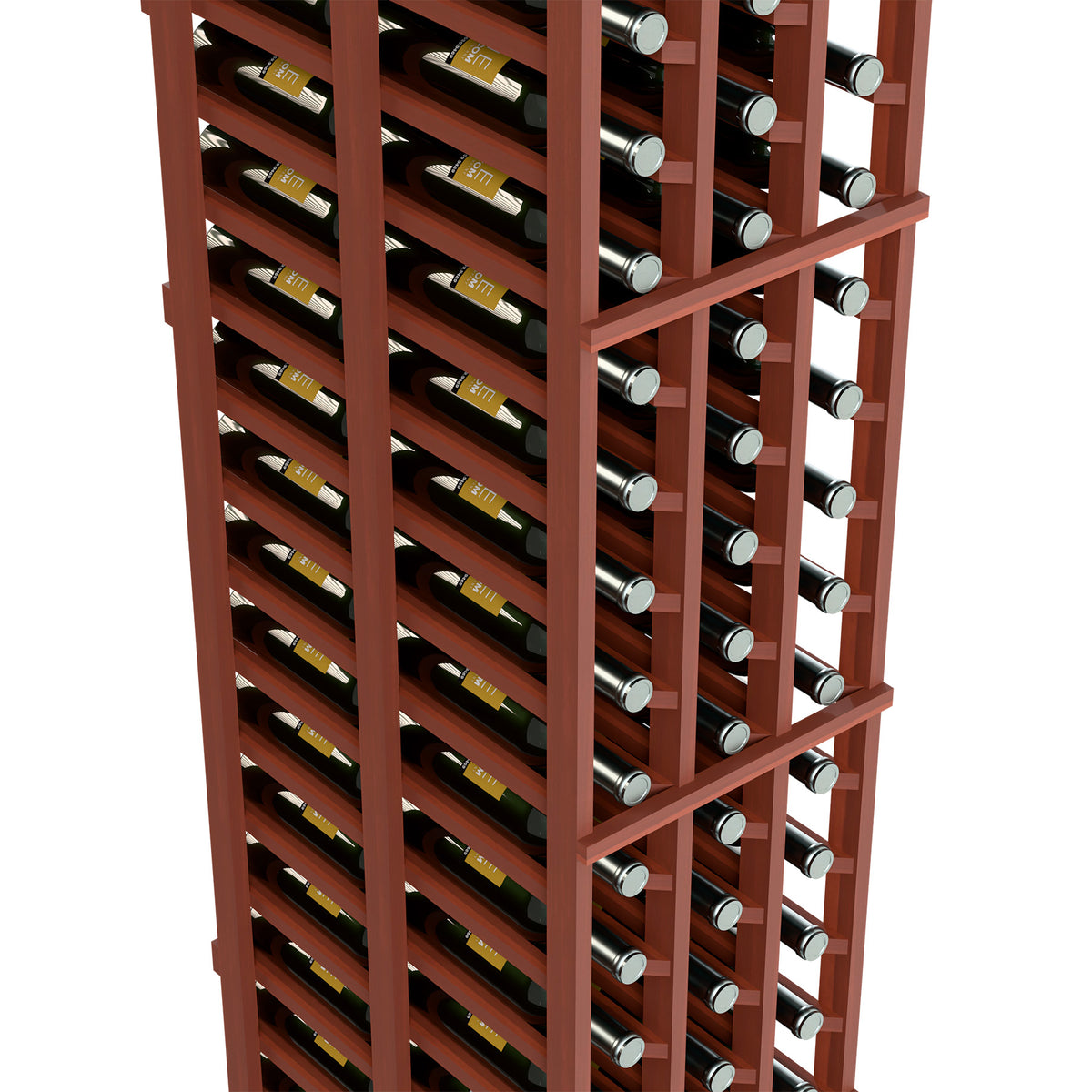 Close-up of red-brown wine bottle rack with neatly arranged bottle slots.