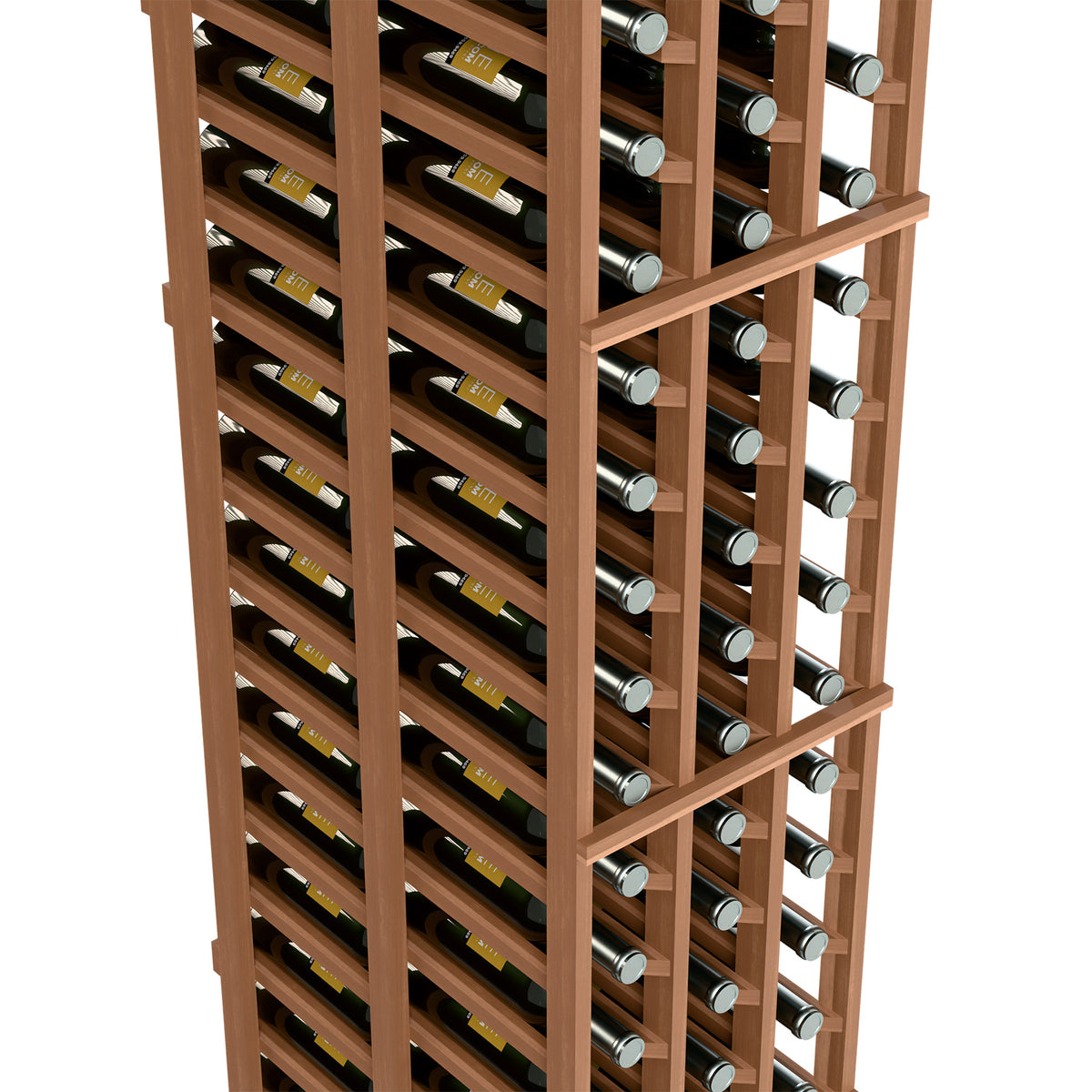 Close-up of light wood wine bottle rack with bottle rows and capped bottles.