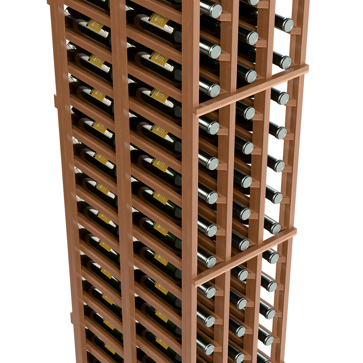 Close-up of light-wood wine rack with horizontal bottle slots and metal bottle ends