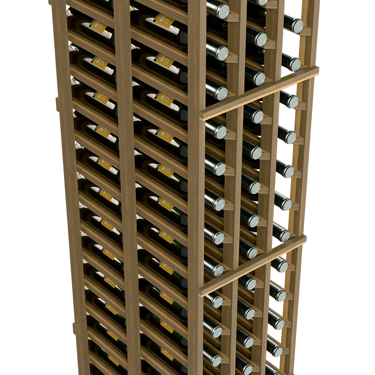 Angled view of light-wood wine rack showing stacked rows of bottles in square frames