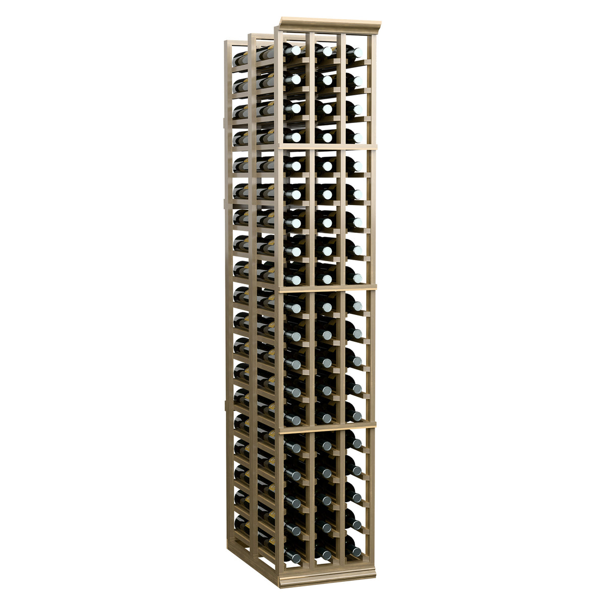 Front view of light-wood 3-column wine rack with multiple bottles in grid openings