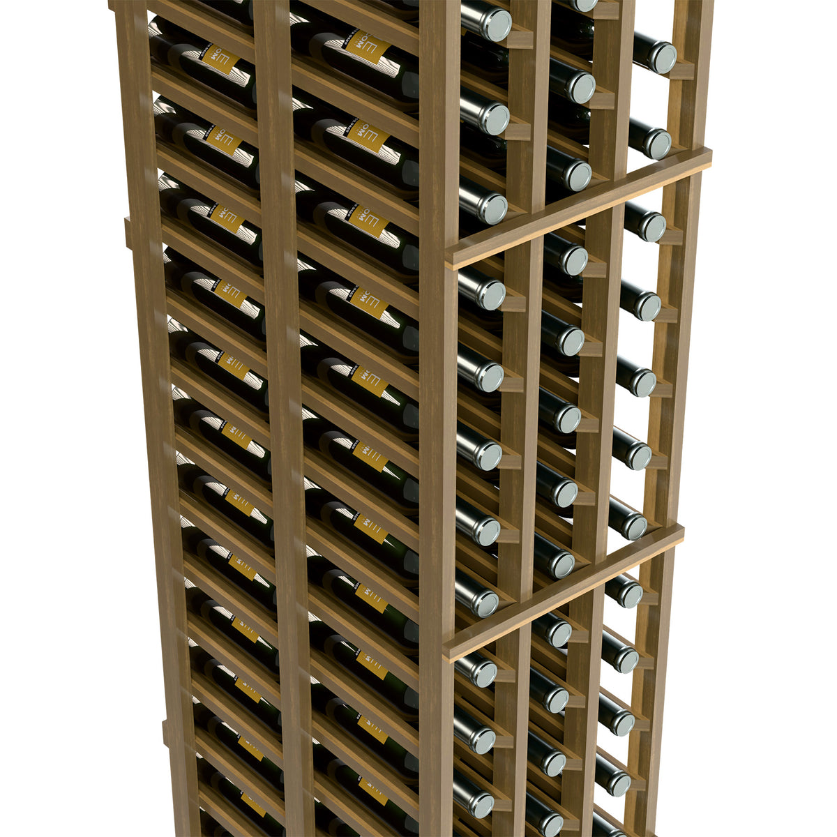 Close-up of light-wood wine rack corners with horizontal bottle compartments