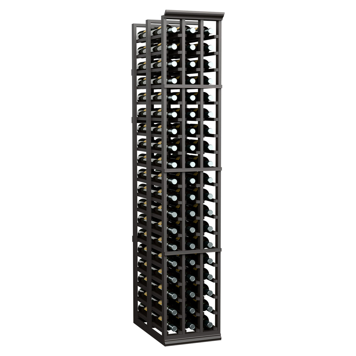 Tall dark-finish 3-column wine rack holding bottles in horizontal openings